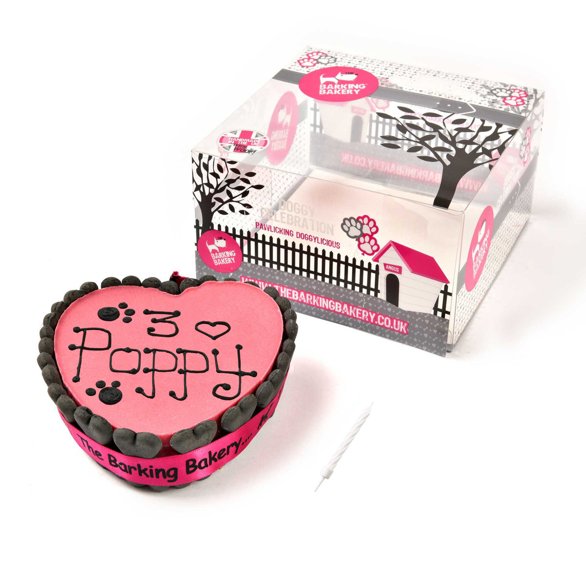 Handwritten Pink Heart Shaped Pawty Cake w/ Ribbon & Bones | Please allow 5-7 working days